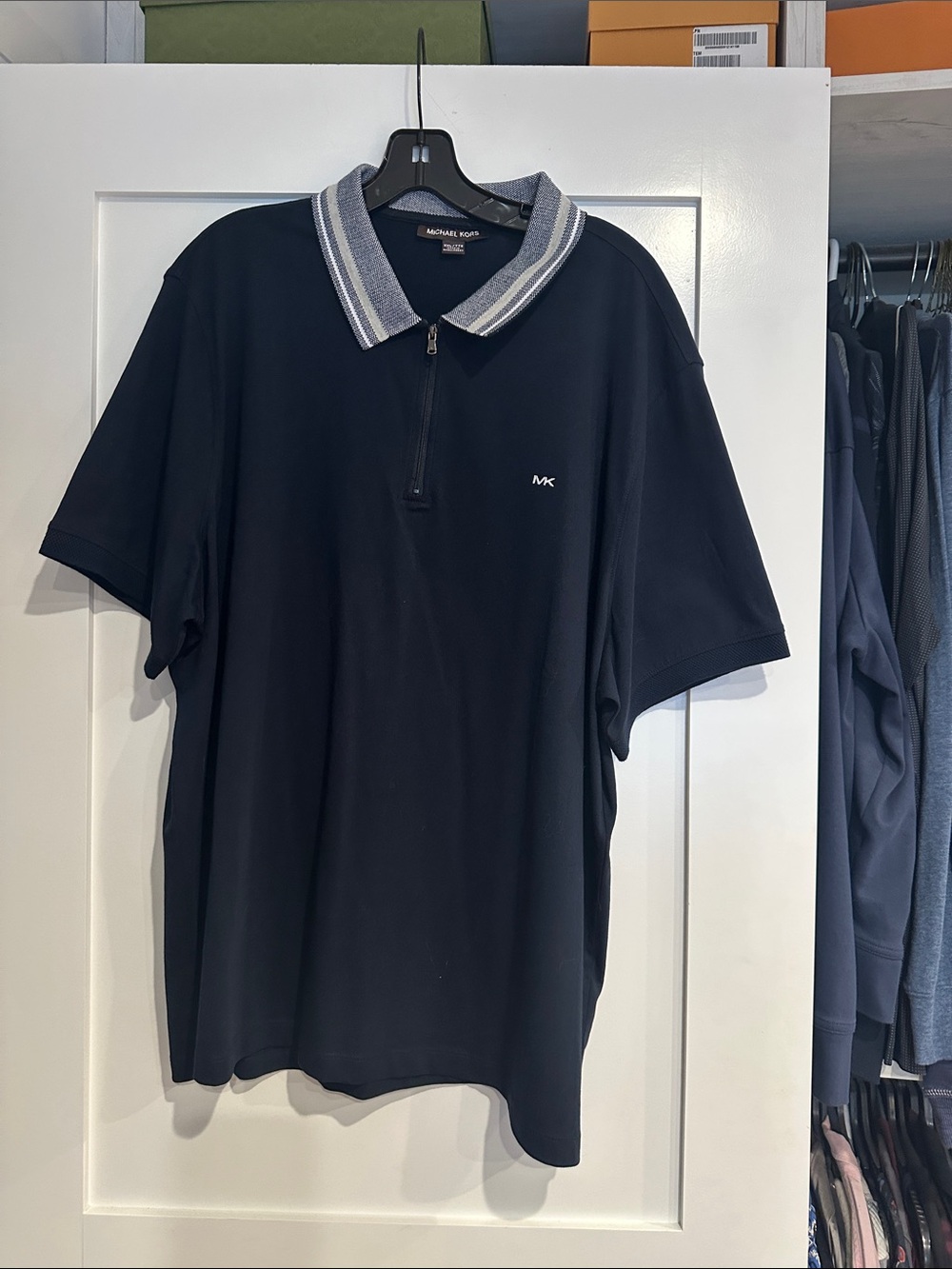 Michael Kors Black Polo with Striped Gray Collar